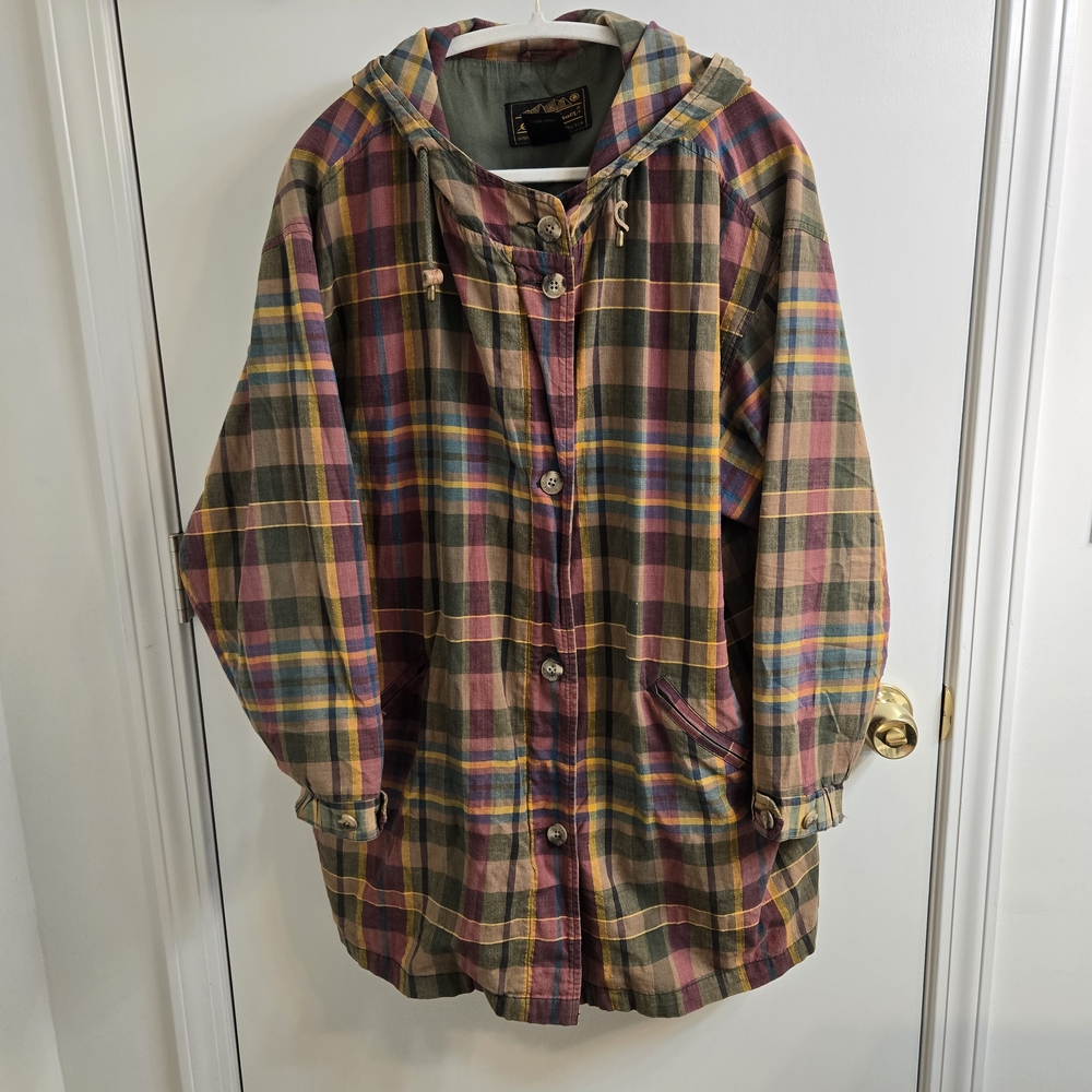 VTG Eddie Bauer Madras Plaid Cotton Full Zip Lightweight Jacket, Size L
